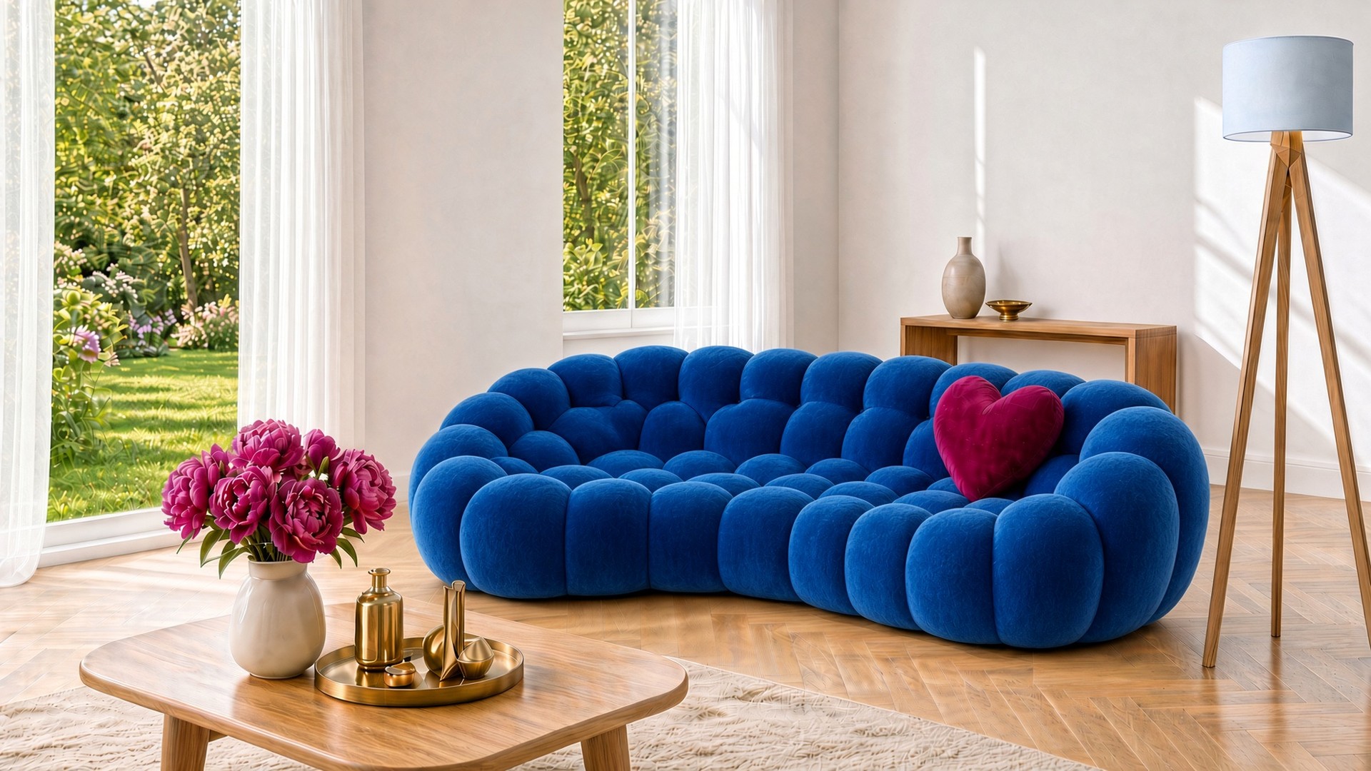 Bubble Roche Bobois bleu roi, coussin cœur